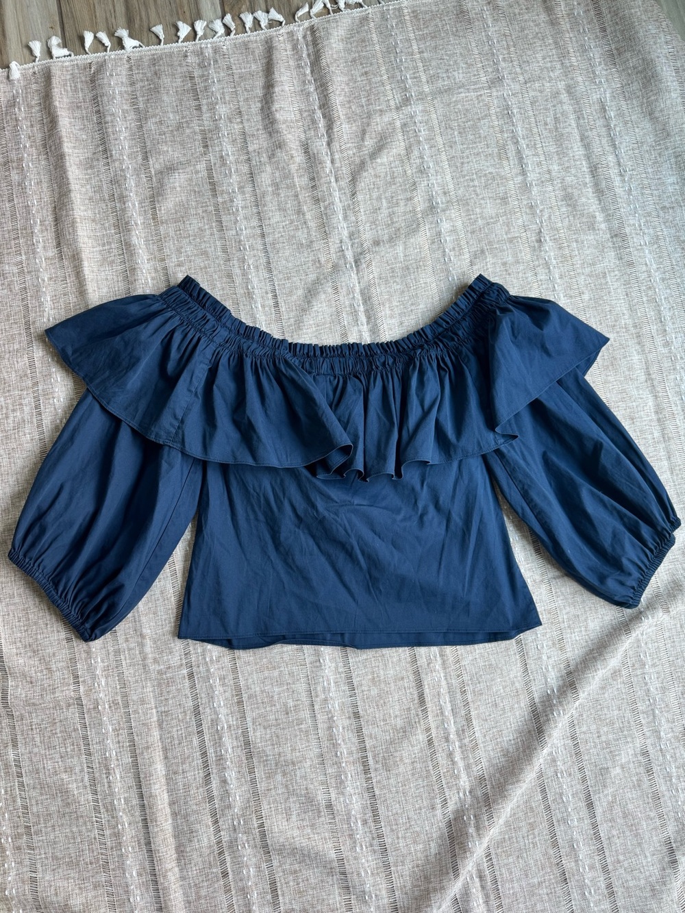 Alexis‎ Off Shoulder Ruffle Blouse Womens XS Navy Blue Balloon Sleeve Cotton Top